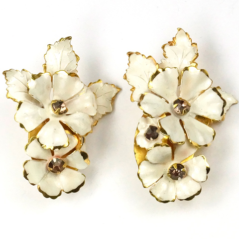 Sandor Gold White Enamel and Amethyst Flower Clip Earrings
