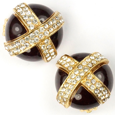 Ciner Carnelian and Pave Crosses Button Clip Earrings