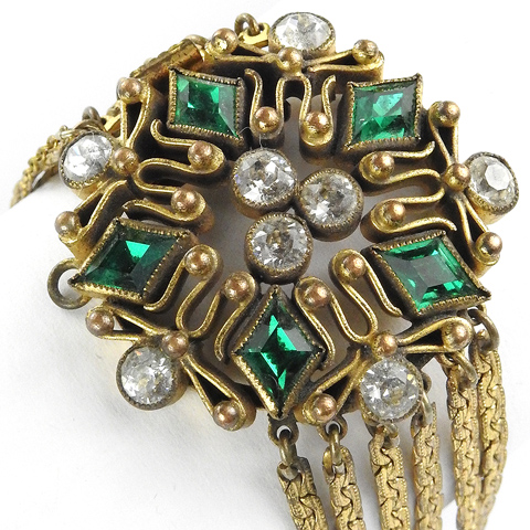 Sandor Moghul Style Gold Chains and Diamond Shaped Emeralds Pentagon Bracelet