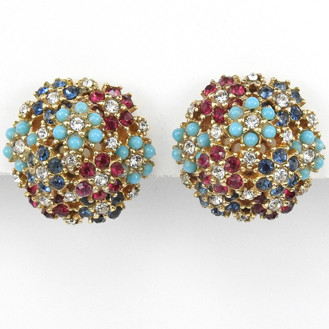 Ciner Ruby Sapphire and Turquoise Floral Button Clip Earrings
