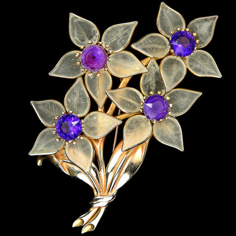 Chanel (unsigned) after Trifari Gold and Amethysts Four Poured Glass Flowers Floral Spray Pin Clip