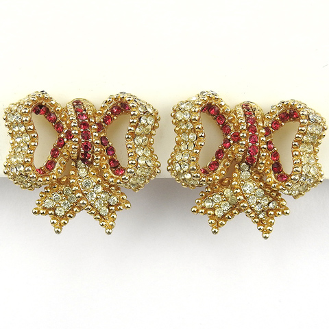 Ciner Gold Pave and Ruby Bows Clip Earrings