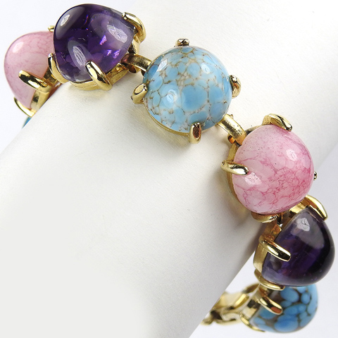 Schiaparelli (unsigned) Amethyst Pink Quartz and Marbled Turquoise Cabochons Bubblegum Bracelet
