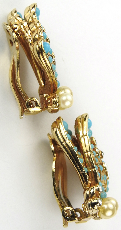 Ciner Gold Turquoise and Pearls Butterfly Clip Earrings