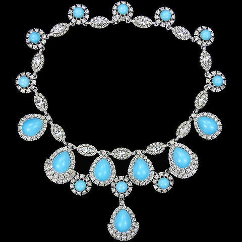 Ciner Pave Diamante Navettes and Teardrop Turquoise Cabochons Multiple Pendant Necklace 