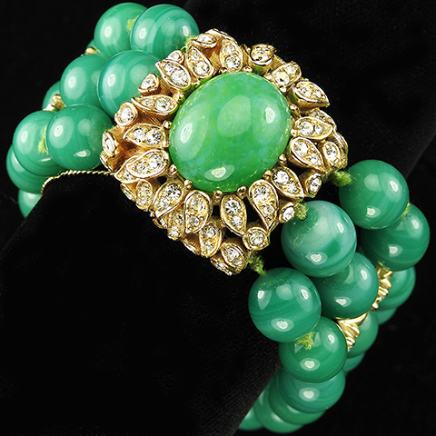 Ciner Gold Pave and Jade Three Stranded Bracelet with Moghul Clasp