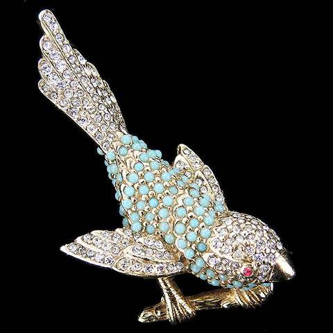 Ciner Gold Pave and Turquoise Cabochons Miniature Love Bird on Branch Pin