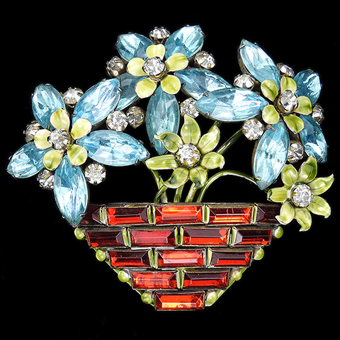 Sandor Sterling Aquamarine Diamante Ruby Baguettes and Enamel Flower Pot or Basket Pin
