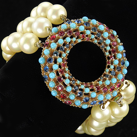 Ciner Gold Openwork Ruby Sapphire and Turquoise Spirals Circle Clasp Three Stranded Pearl Bracelet