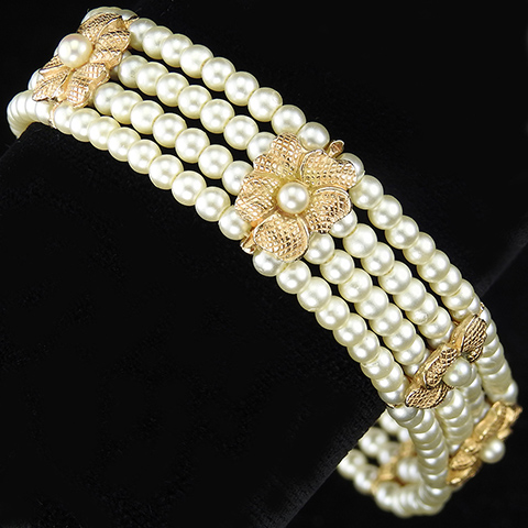 Ciner Golden Pansy Flowers on a Four Stranded Seed Pearl Tennis Bracelet