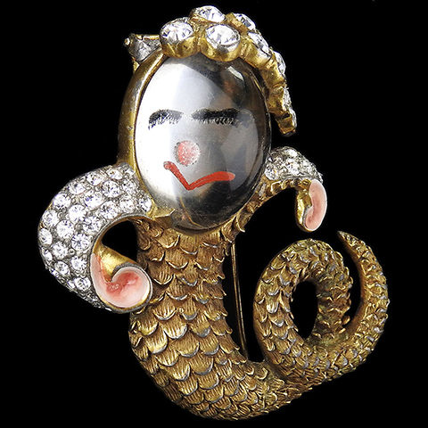 Sandor Gold Pave and Enamel Jelly Belly Smiling Mermaid Pin Clip
