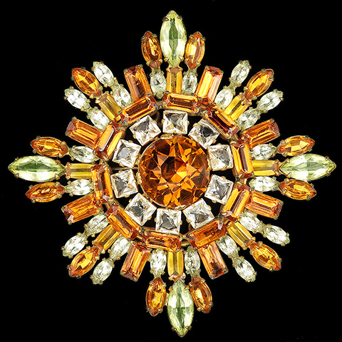 Schreiner Diamante Topaz and Jonquil Navettes Circular Cross, Star Insignia or Snowflake Pin