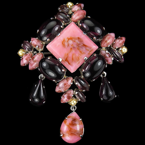 Christian Dior by Henkel and Grosse Rose Quartz Amethyst Cabochons and Pearls Triple Pendant Pin