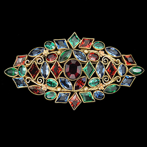 Sandor Jewels of India Style 'Heirloom Collection' Geometric Patterns Gold Filigree Emerald Ruby and Sapphire Bar Pin