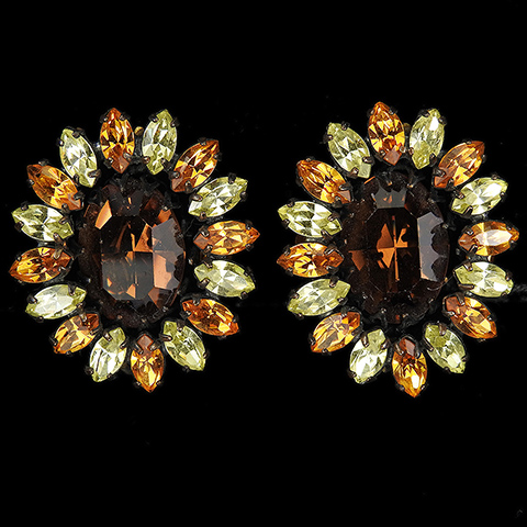 Schreiner Citrine and Topaz Oval Flower Button Clip Earrings