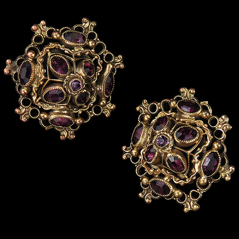 Sandor 'Heirloom Collection' Jewels of India Style Geometric Patterns Gold Filigree and Amethyst Clip Earrings