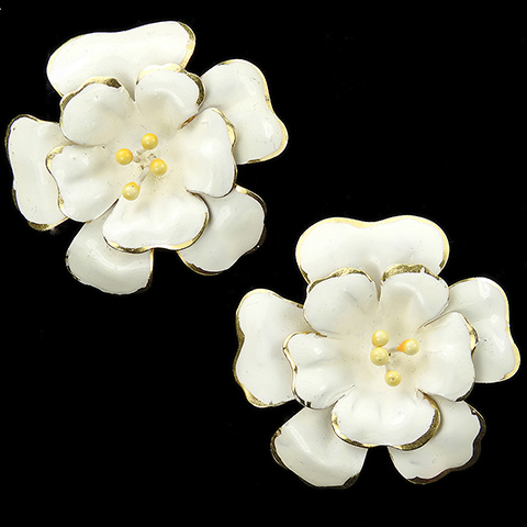 Sandor Gold and White Enamel Giant Flowers Clip Earrings
