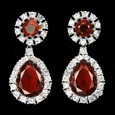 Ciner Pave and Ruby Teardrop Pendant Clip Earrings