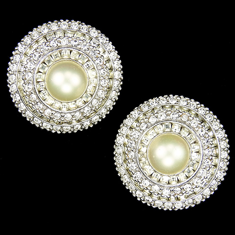 Ciner Pave and Pearl Circular Pyramids Button Clip Earrings