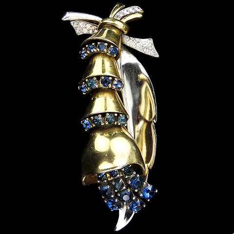 Ciner Gold Silver and Sapphires Cascading Flowers with Bow Pin Clip