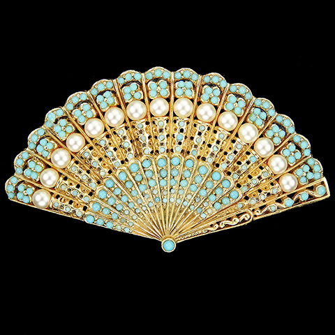 Ciner Gold Openwork Turquoise Cabochons and Pearls Fan Pin