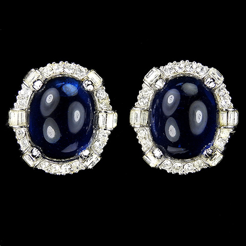Ciner Pave Baguettes and Sapphire Cabochon Button Clip Earrings