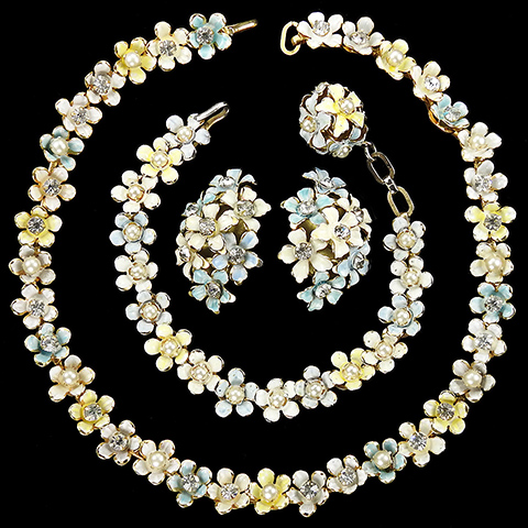 Sandor Pastel Enamel Rhinestones and Pearl Flowers Choker Necklace Bracelet and Clip Earrings Set