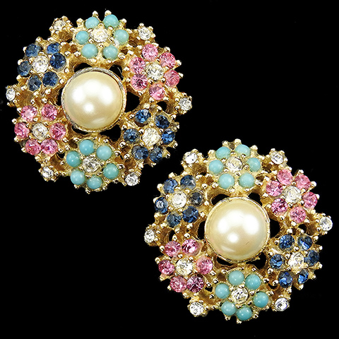Ciner Sapphire Turquoise Pink Topaz and Pearl Flower Button Clip Earrings