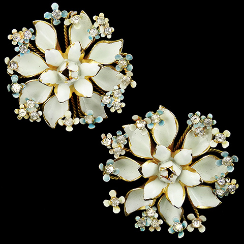 Sandor Gold Enamel and Spangles Giant Floral Spray Flower Clip Earrings