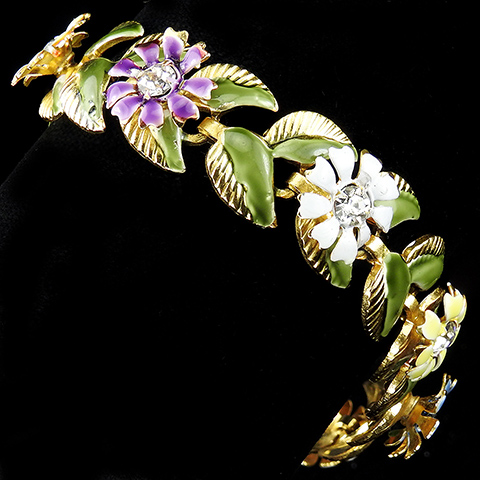Sandor Gold and Green Enamel Leaves Eight Pastel Flowers Floral Link Bracelet 