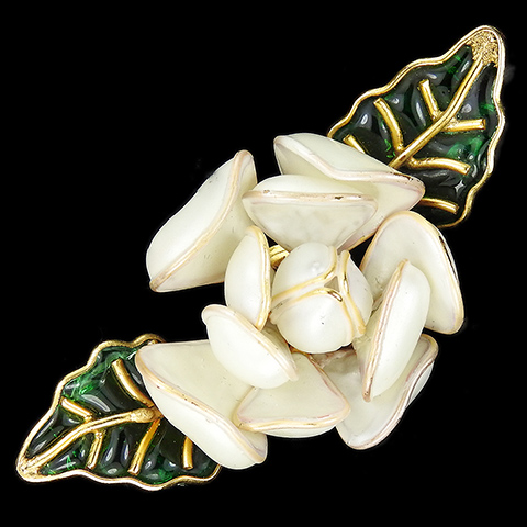 Gripoix for Chanel French Poured Glass White Flower and Green Leaves Pin