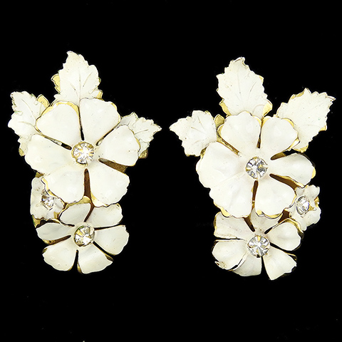 Sandor Gold and White Enamel Flowers Clip Earrings