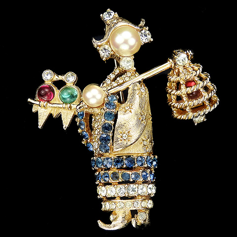 Ciner Gold Sapphire Pearls and Peridot and Ruby Cabochons Chinese Bird Catcher with Pendant Cage Pin