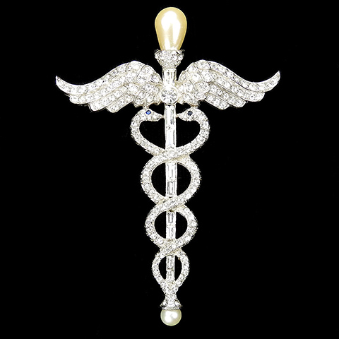 Christian Dior by Kramer Pave Baguettes and Pearls Caduceus Pin