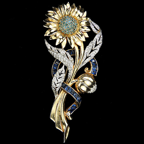 Ciner Gold Pave and Invisibly Set Sapphires Large Daisy or Sunflower Floral Spray with Long Bow Ribbon Flower Pin