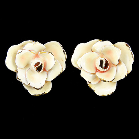 Sandor Pink and White Enamelled Roses Flower Clip Earrings