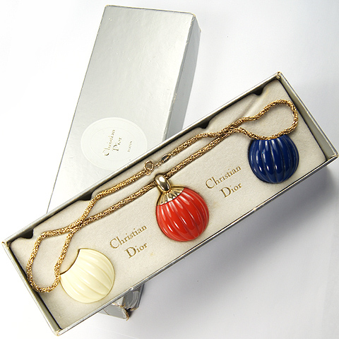 Christian Dior by Henkel and Grosse Interchangeable Pendant Faux Ivory, Lapis, or Coral Fruits Necklace