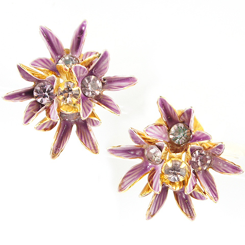 Sandor Amethyst and Enamel Purple Triple Flowers Clip Earrings