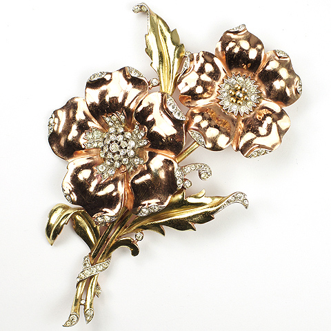Trifari 'Alfred Philippe' Two Colour Gold Two Poppies on a Double Stem Pin Clip