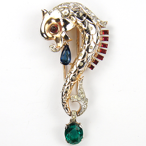 Trifari Sterling 'Alfred Philippe' Sapphire Pendant Emerald and Ruby Baguettes Leaping Fish Pin Clip
