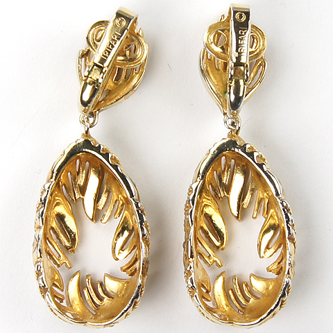 Trifari 'Egrets' Gold and Pave Pendant Wreaths Clip Earrings