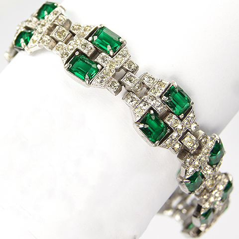 KTF Trifari 'Alfred Philippe' Deco Pave and Oblong Cut Emeralds Geometric Pattern Link Bracelet