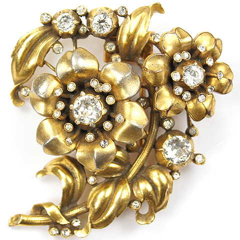 Trifari 'Alfred Philippe' 'Regence' Gold and Diamante Double Flower Trembler Pin Clip