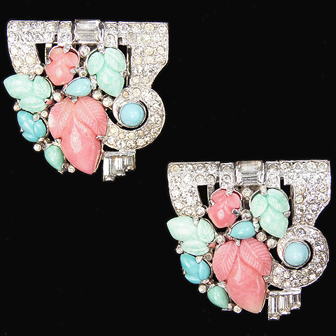 KTF Trifari 'Alfred Philippe' Pave Swirls and Turquoise Coral and Jade Fruit Salads Pair of Dress Clips