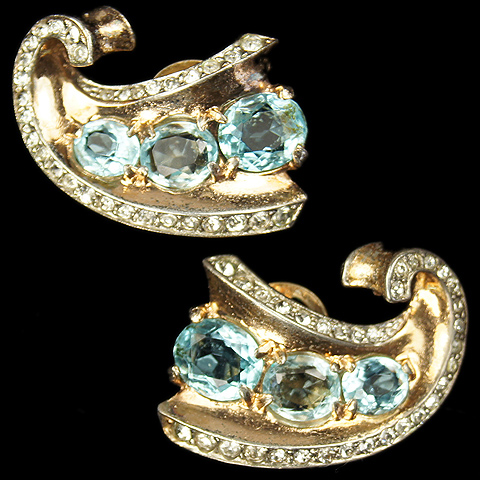 Trifari Sterling 'Alfred Philippe' Triple Aquamarine Swirl Clip Earrings