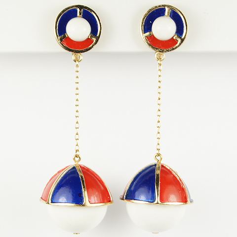 Trifari Red White and Blue Pendant Spheres Clip Earrings