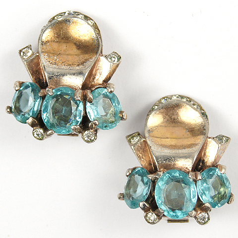 Trifari Sterling 'Alfred Philippe' Gold Pave and Aquamarine Clip Earrings