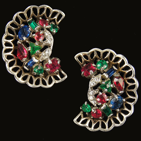 Trifari Sterling 'Alfred Philippe' 'Riviera' Series Tricolour Stones Lace Edge Half Moon Clip Earrings