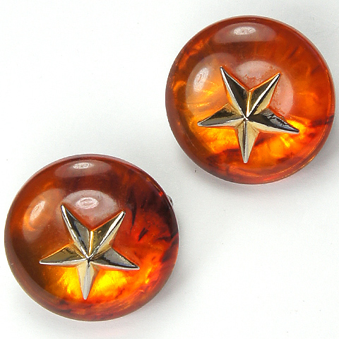 Trifari 'Mock Turtle' Gold Stars on Tortoiseshell Buttons Clip Earrings