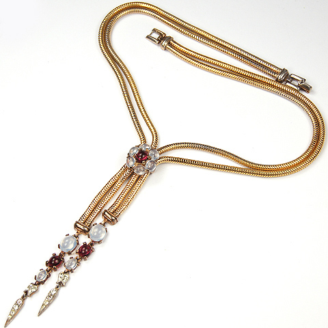 Trifari 'Alfred Philippe' Ruby and Moonstone Cabochons Cluster and Double Snakechain Pendants Lariat Necklace